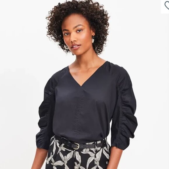 Ann Taylor Loft Cinched Sleeve V-Neck Blouse | The Summit - Picture 1 of 1
